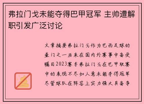 弗拉门戈未能夺得巴甲冠军 主帅遭解职引发广泛讨论